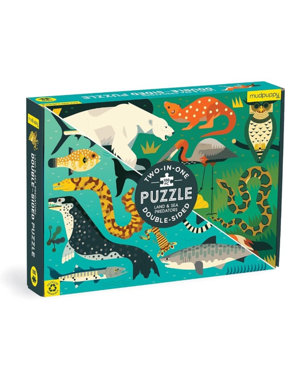 Double-Sided 100 Piece Jigsaw Puzzle - Land & Sea Predators Fun for All Ages